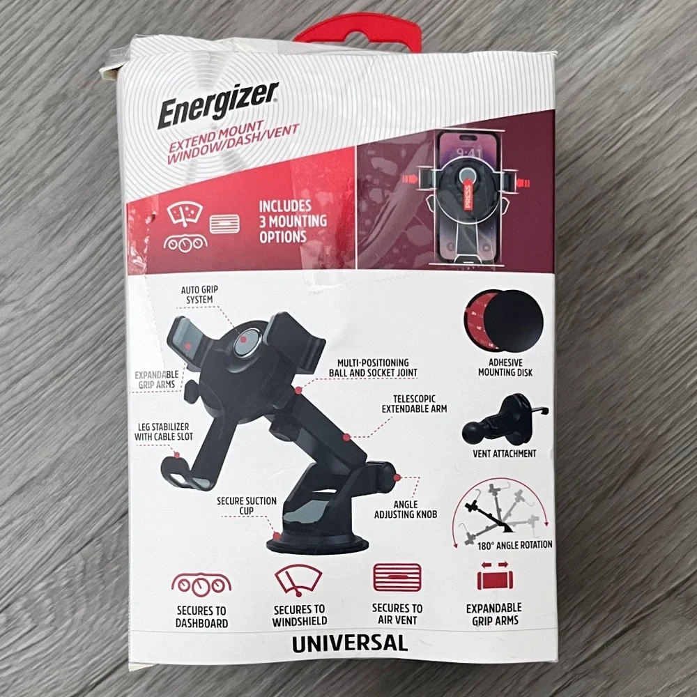 Energizer Car Accessory Dash and Window Extendable Mount, New Open Box